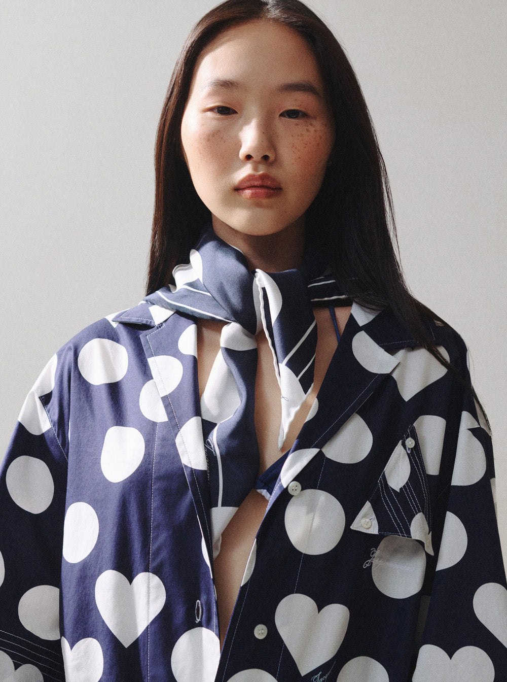Jacquemus Women 'Le Foulard Coeur' Blue Square Scarf With All-Over Polka Dots And Heart Motif In Silk For Women JACQUEMUS