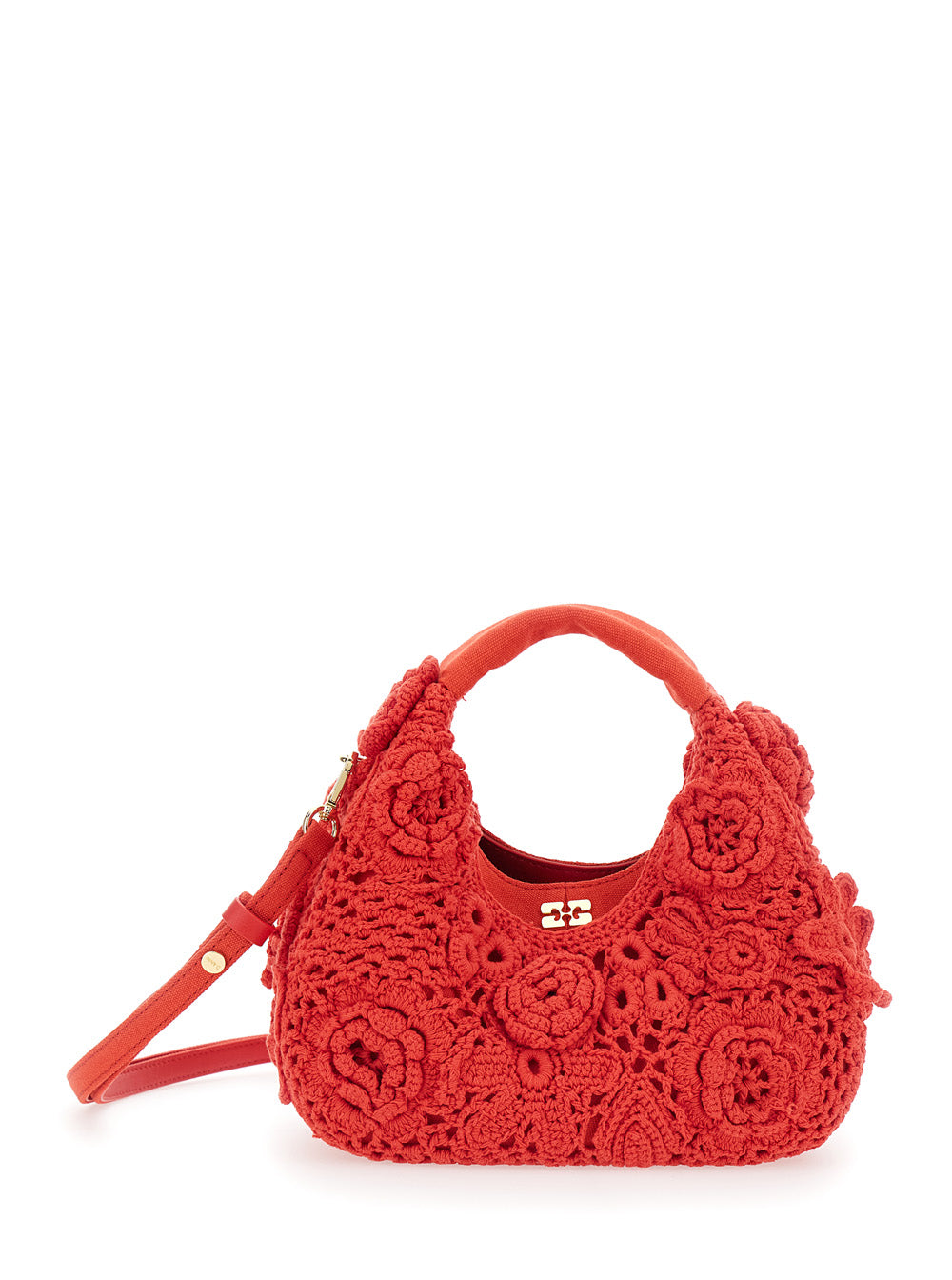 Ganni Women 'Hobo Mini' Red Handbag With Floral Crochet Design In Cotton Woman GANNI