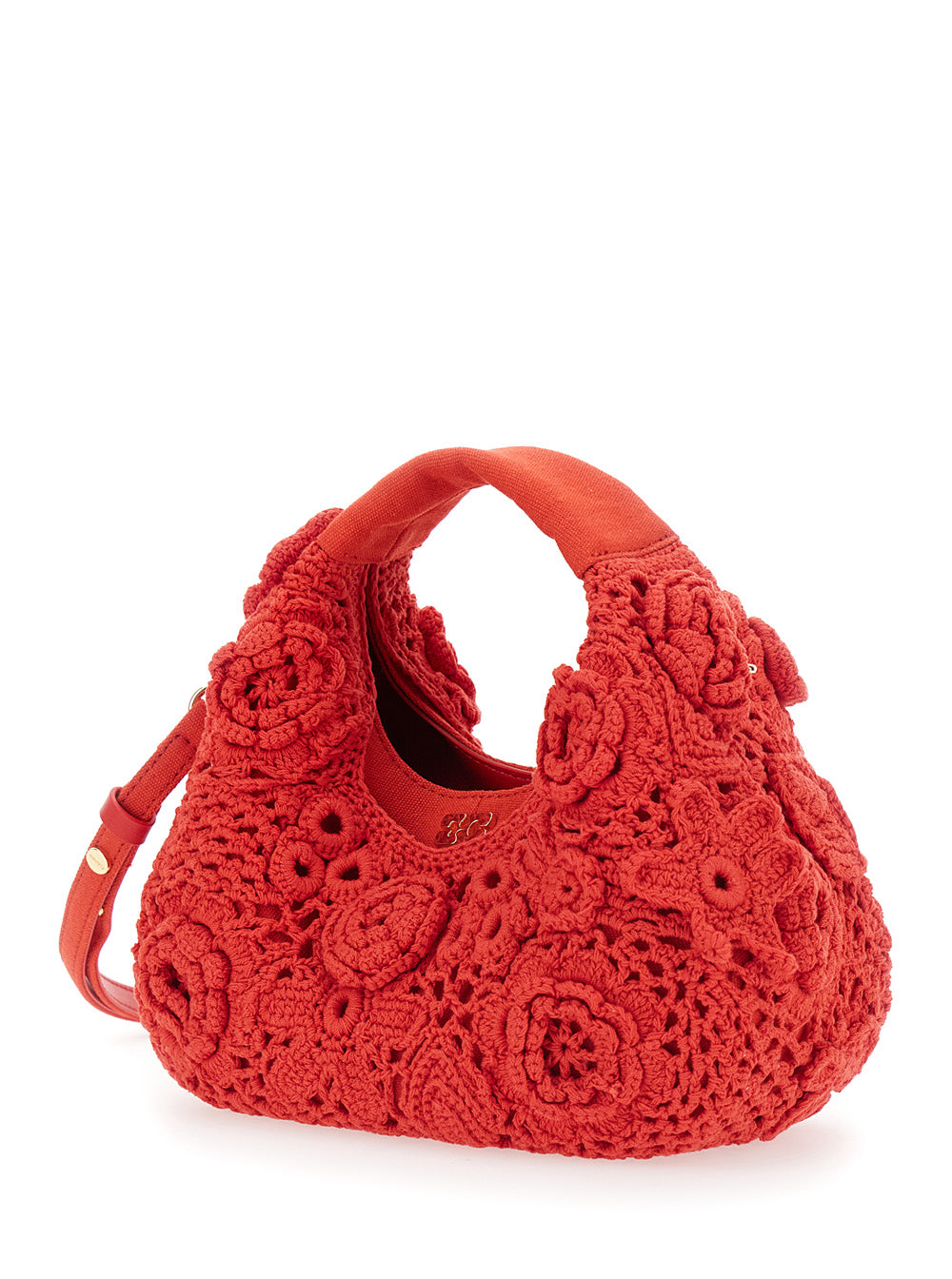 Ganni Women 'Hobo Mini' Red Handbag With Floral Crochet Design In Cotton Woman GANNI