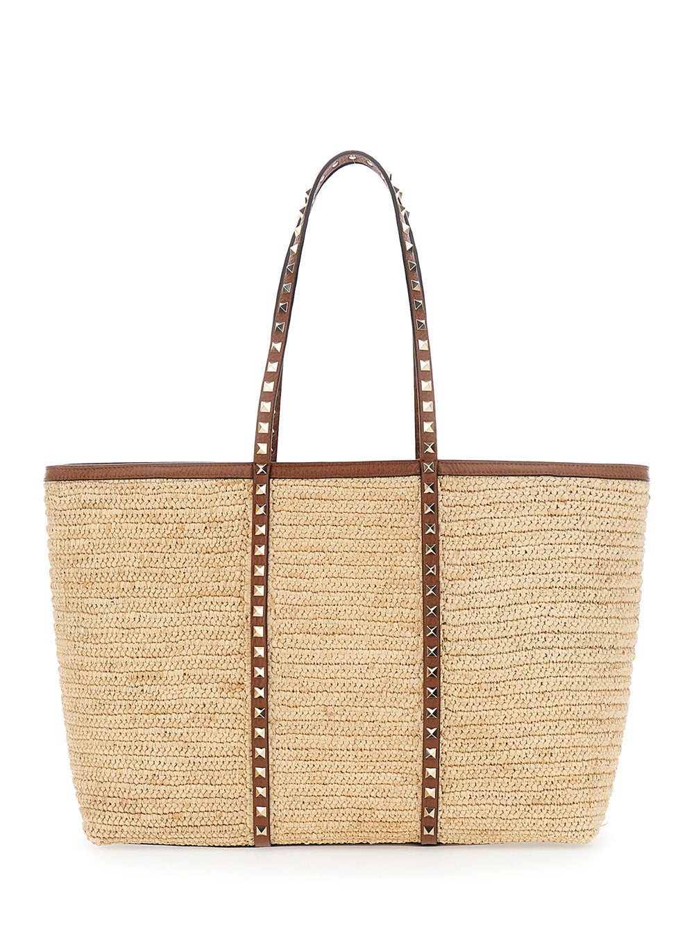 Valentino Garavani Women Beige Shopper Bag With Rockstud Studs In Raffia And Leather Woman VALENTINO GARAVANI