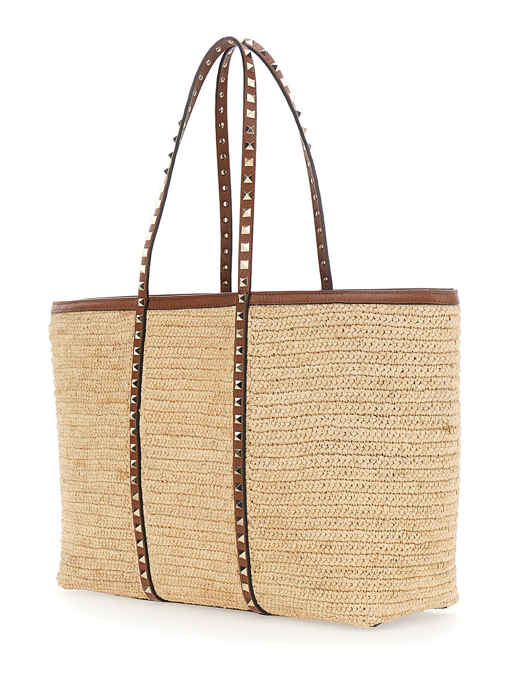 Valentino Garavani Women Beige Shopper Bag With Rockstud Studs In Raffia And Leather Woman VALENTINO GARAVANI