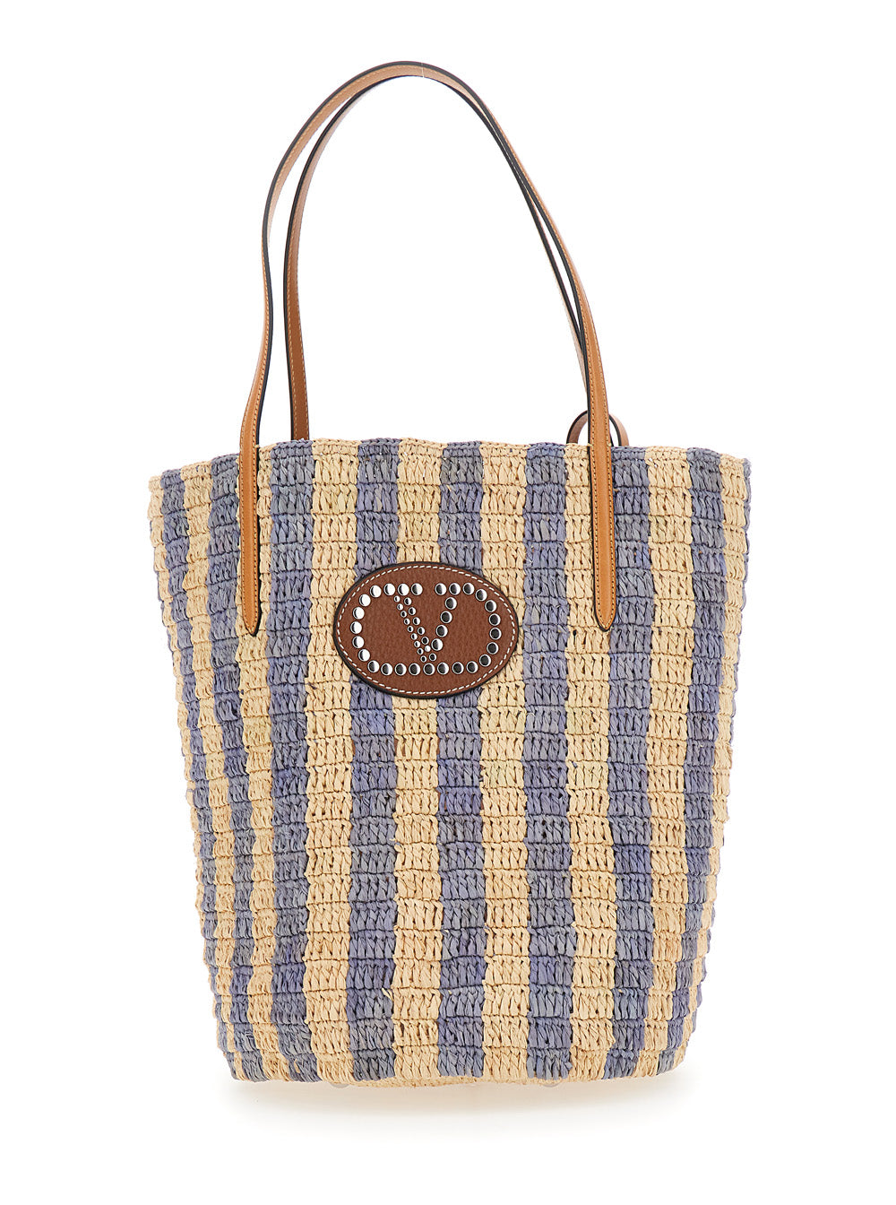 Valentino Garavani Women Beige Tote Bag With Stripes Motif And Logo Patch On The Front In Raffia And Leather Woman VALENTINO GARAVANI