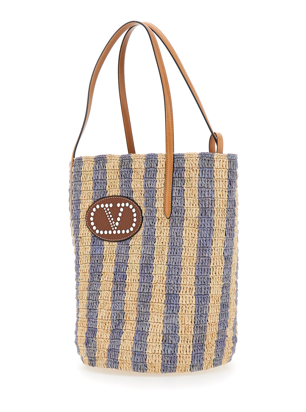 Valentino Garavani Women Beige Tote Bag With Stripes Motif And Logo Patch On The Front In Raffia And Leather Woman VALENTINO GARAVANI