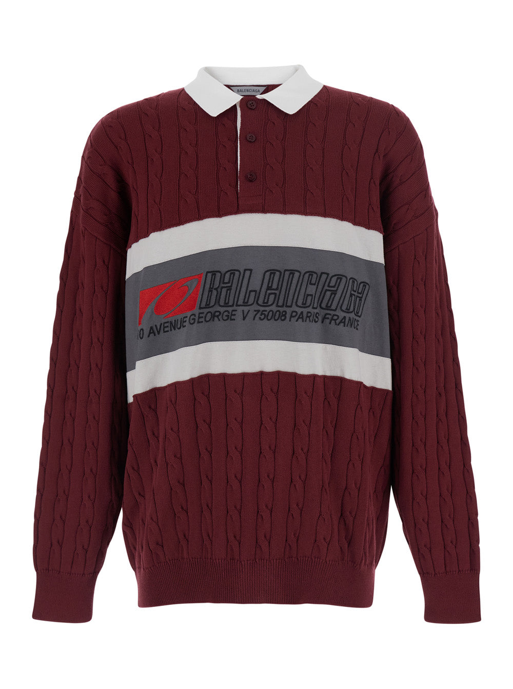 Balenciaga Men Bordeaux Sweater With Cable Design And Maxi Logo On The Front In Cotton For Men BALENCIAGA