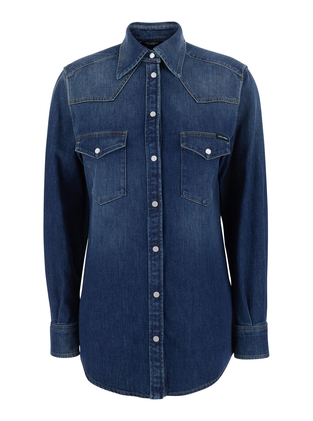 Dolce & Gabbana Women Blue Shirt With Classic Collar And Metallic Logo Patch On The Back In Denim For Women DOLCE & GABBANA