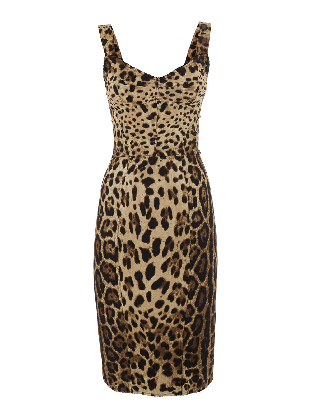 Dolce & Gabbana Women Brown Midi Dress With Heart Neckline And Leopard Motif On The Front In Stretch Silk Blend For Women DOLCE & GABBANA