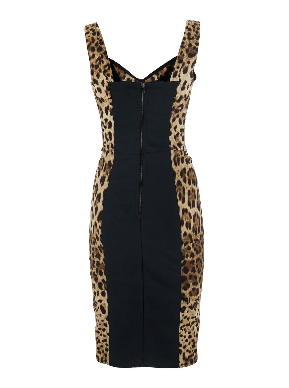 Dolce & Gabbana Women Brown Midi Dress With Heart Neckline And Leopard Motif On The Front In Stretch Silk Blend For Women DOLCE & GABBANA