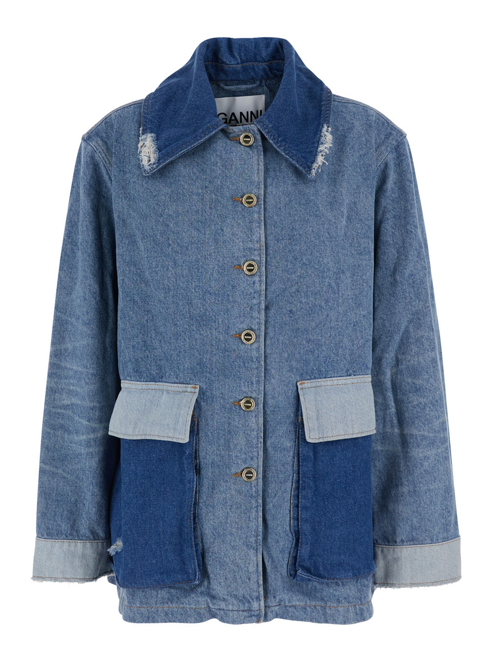 Ganni Women Blue Jacket With Classic Collar With Fringed Details And Patchwork Design In Denim For Women GANNI