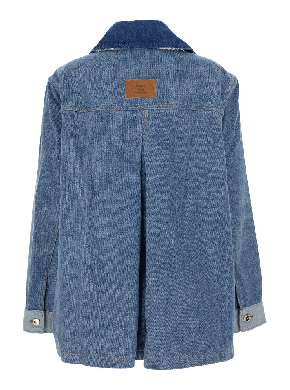 Ganni Women Blue Jacket With Classic Collar With Fringed Details And Patchwork Design In Denim For Women GANNI
