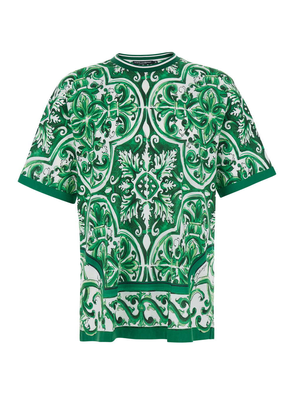 Dolce & Gabbana Men Green T-Shirt With All-Over Maiolica Print In Cotton For Men DOLCE & GABBANA