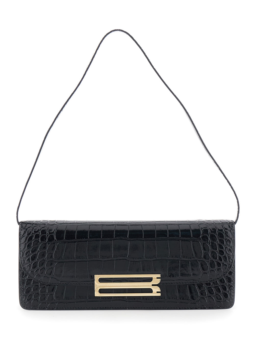Victoria Beckham Women 'Dorian East-West' Black Shoulder Bag With Plaque Closure On The Front And Crocodile-Embossed Effect In Leather For Women VICTORIA BECKHAM