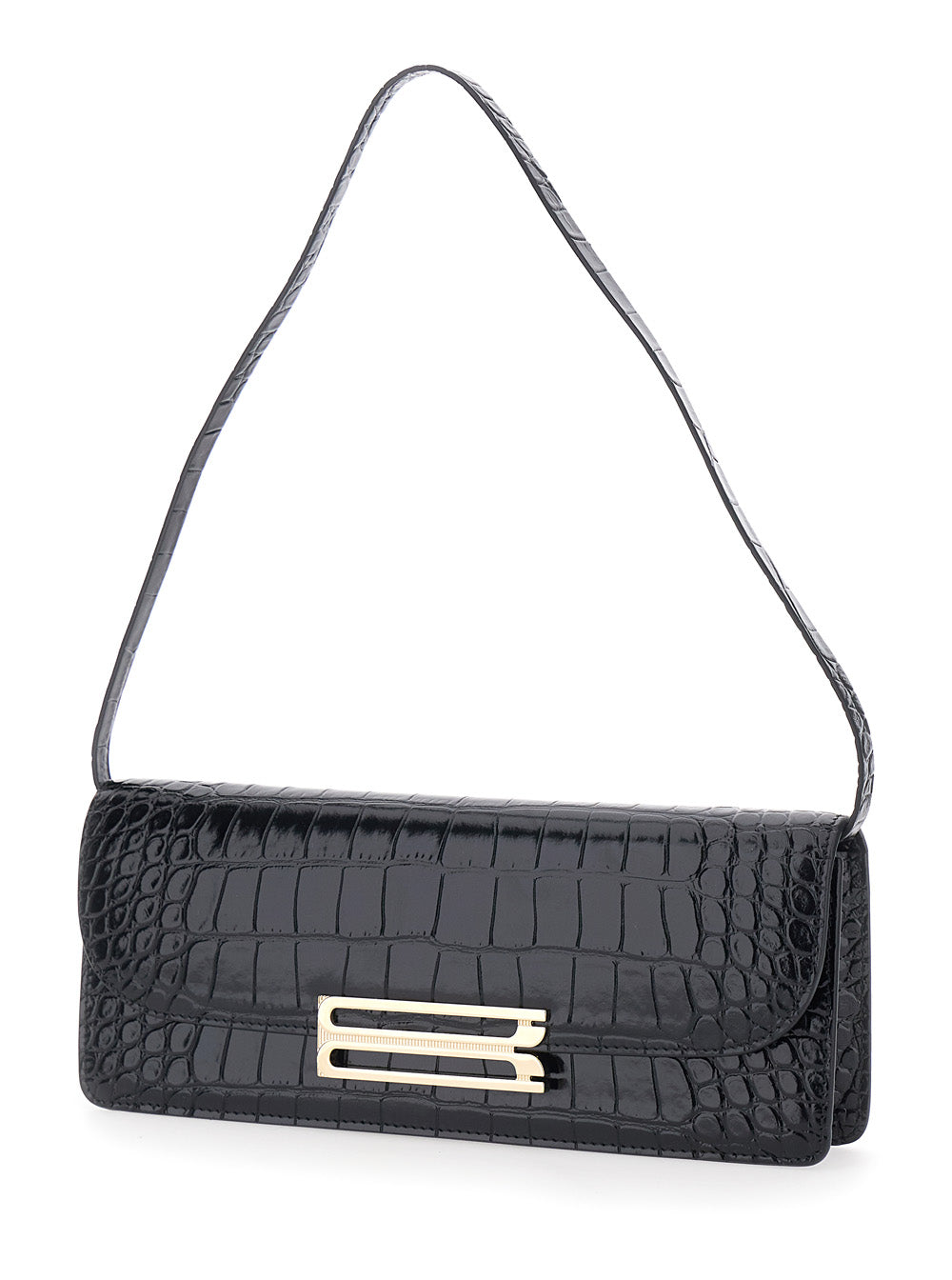 Victoria Beckham Women 'Dorian East-West' Black Shoulder Bag With Plaque Closure On The Front And Crocodile-Embossed Effect In Leather For Women VICTORIA BECKHAM