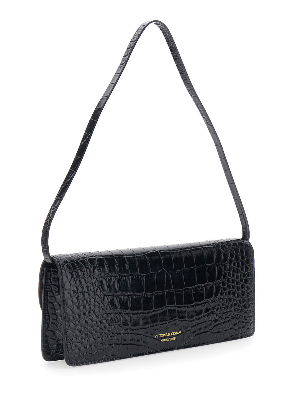 Victoria Beckham Women 'Dorian East-West' Black Shoulder Bag With Plaque Closure On The Front And Crocodile-Embossed Effect In Leather For Women VICTORIA BECKHAM