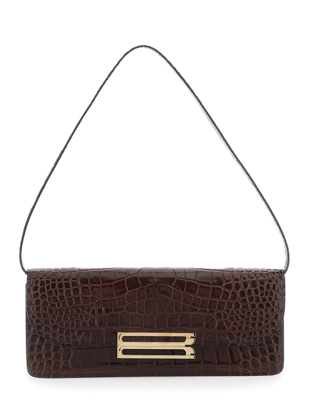 Victoria Beckham Women 'Dorian East-West' Brown Shoulder Bag With Plaque Closure On The Front And Crocodile-Embossed Effect In Leather For Women VICTORIA BECKHAM