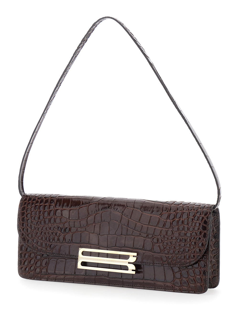 Victoria Beckham Women 'Dorian East-West' Brown Shoulder Bag With Plaque Closure On The Front And Crocodile-Embossed Effect In Leather For Women VICTORIA BECKHAM