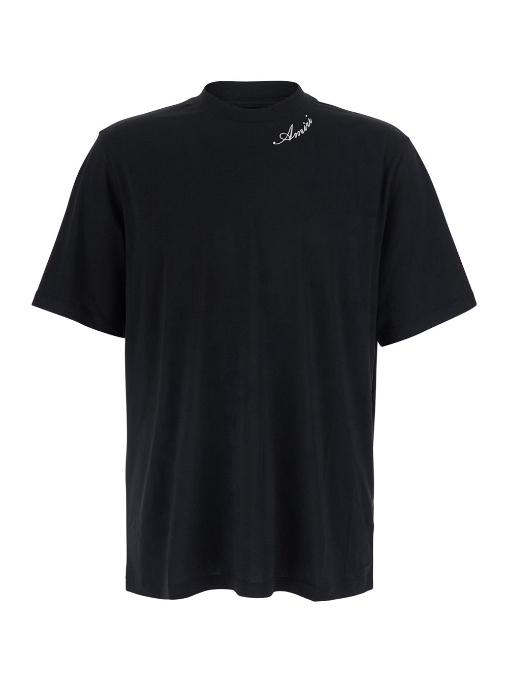 Amiri Men Black Crew Neck T-Shirt With Wide Short Sleeves And Logo Lettering Embroidery On The Neck In Tech Fabric For Men AMIRI