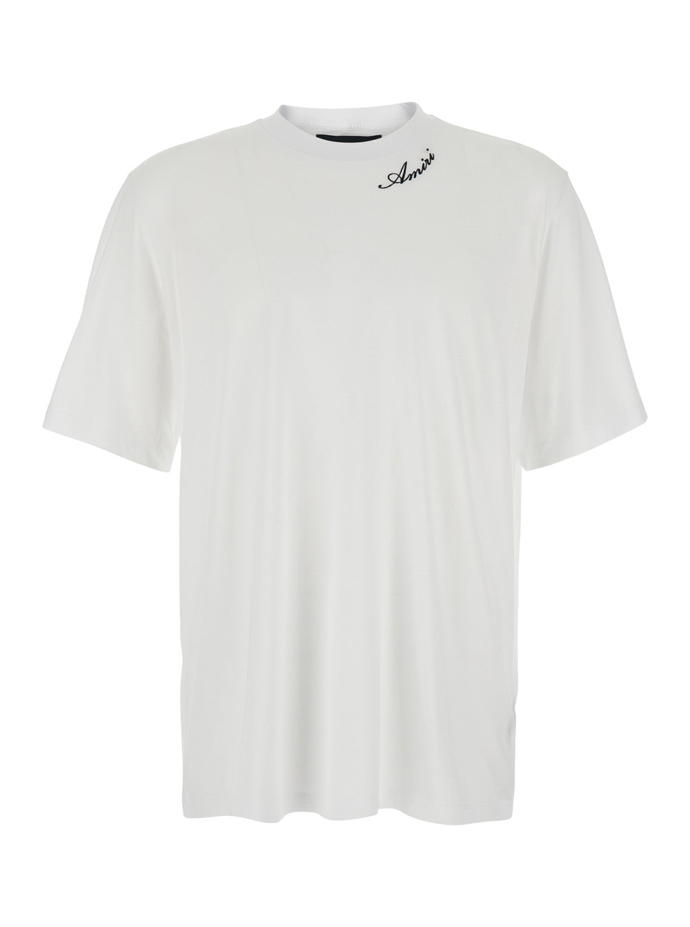 Amiri Men White Crew Neck T-Shirt With Wide Short Sleeves And Logo Lettering Embroidery On The Neck In Tech Fabric For Men AMIRI