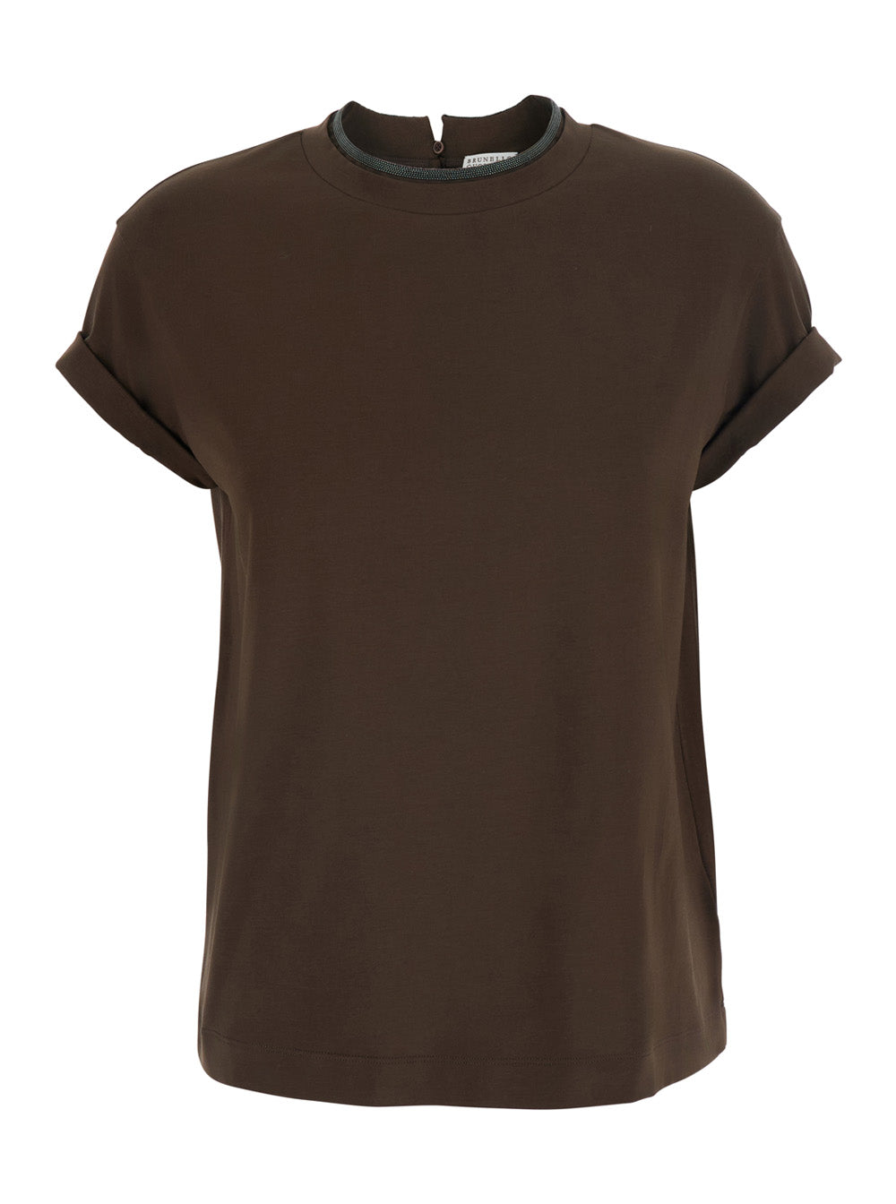 Brunello Cucinelli Women Brown Crew Neck T-Shirt With Monil Detail On The Collar In Cotton For Men BRUNELLO CUCINELLI