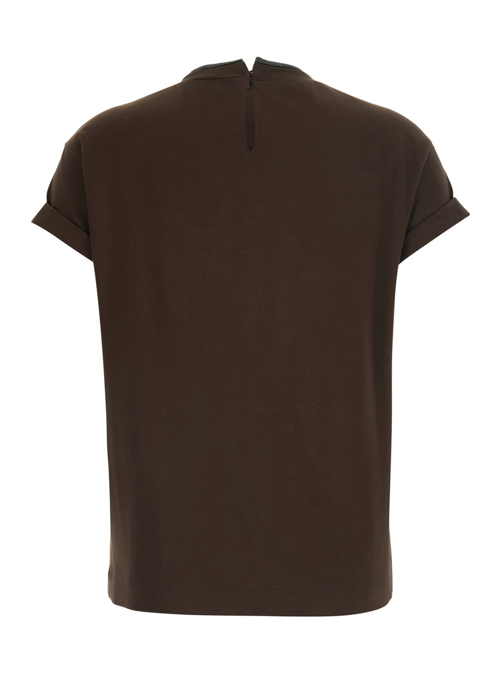 Brunello Cucinelli Women Brown Crew Neck T-Shirt With Monil Detail On The Collar In Cotton For Men BRUNELLO CUCINELLI