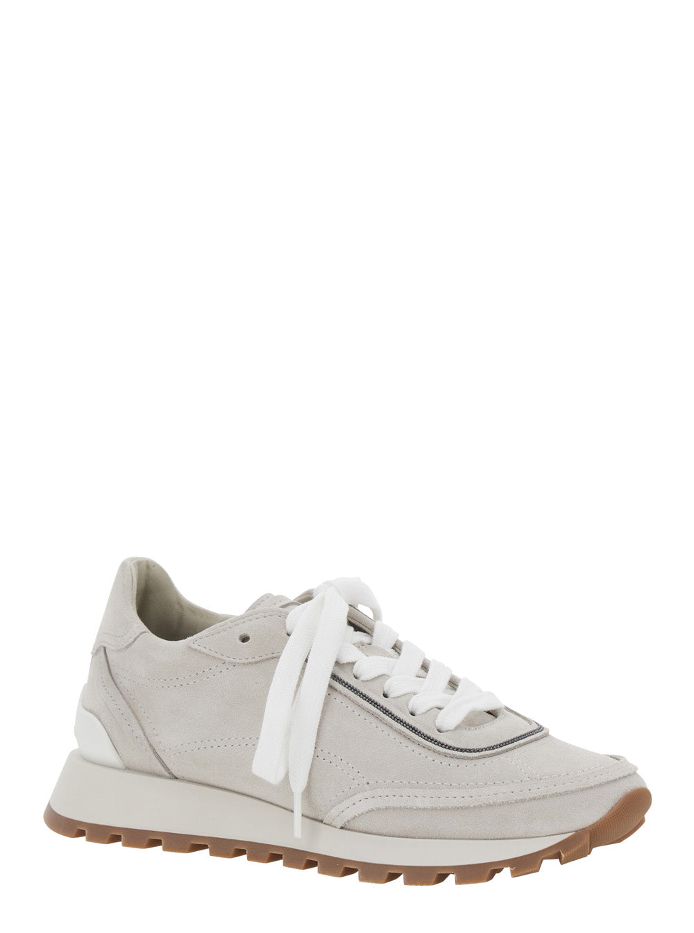 Brunello Cucinelli Women Grey Low Top Sneakers With Perforated Round Toe And Rubber Sole In Suede For Women