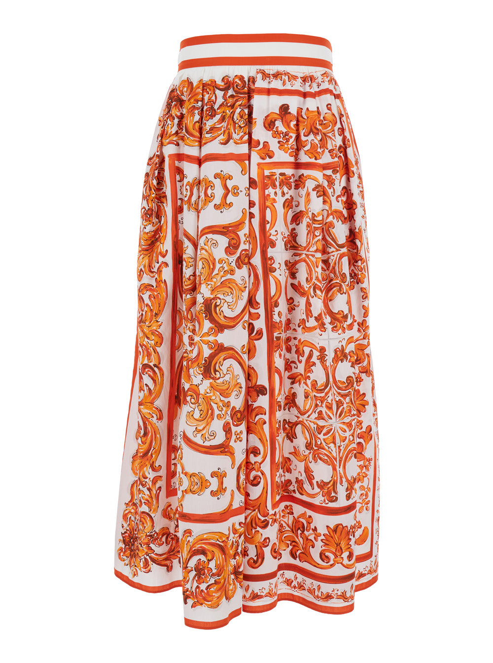 Dolce & Gabbana Women Orange Midi Skirt With All-Over Majolica Print In Cotton Woman DOLCE & GABBANA
