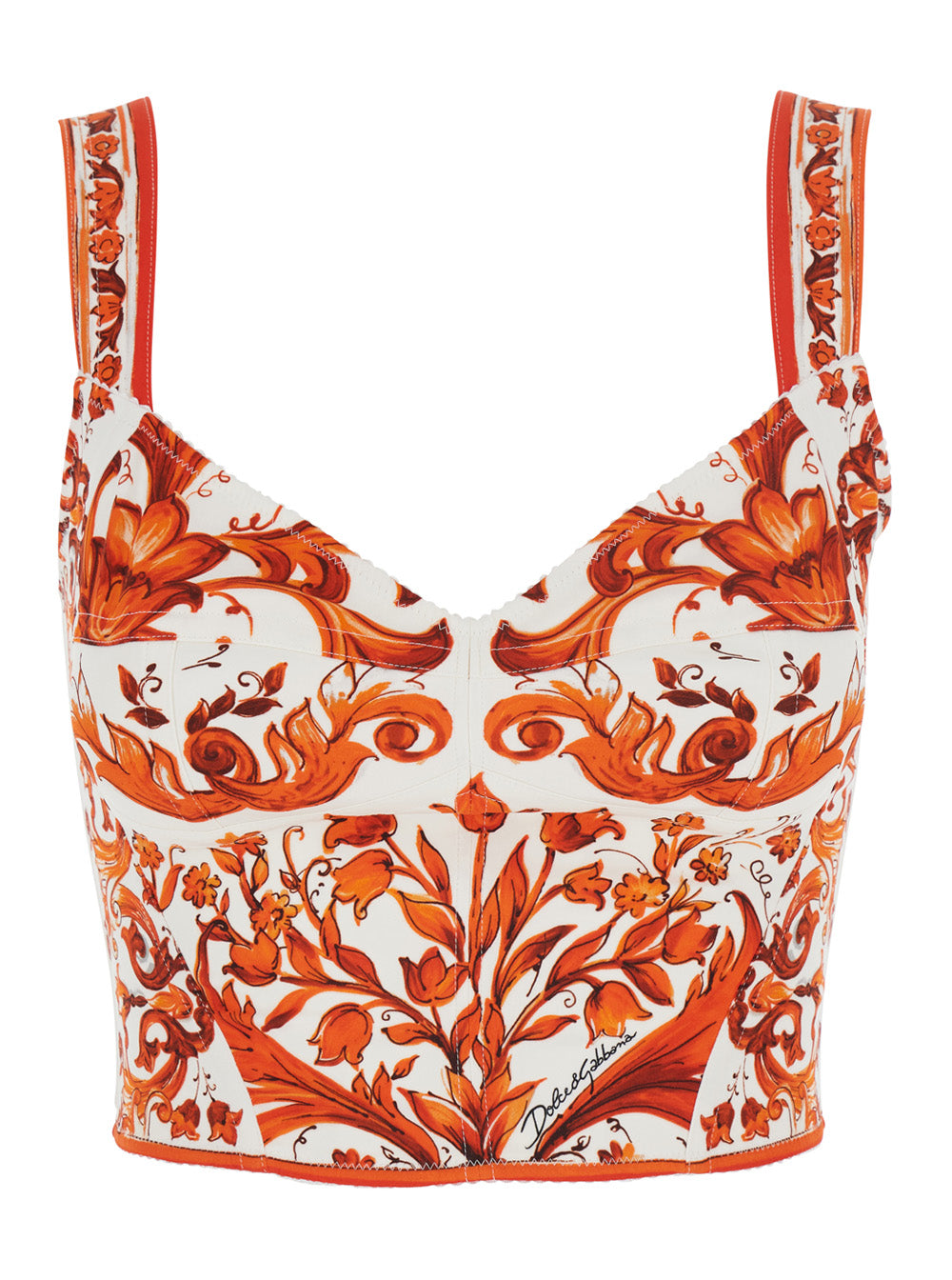 Dolce & Gabbana Women Orange Top With Bustier Design And All-Over Majolica Print In  Silk Blend For Women DOLCE & GABBANA