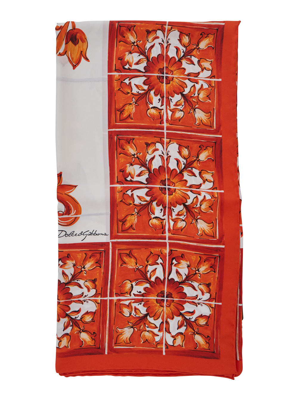 Dolce & Gabbana Women Orange Square Scarf With All-Over Majolica Print In Silk For Women DOLCE & GABBANA