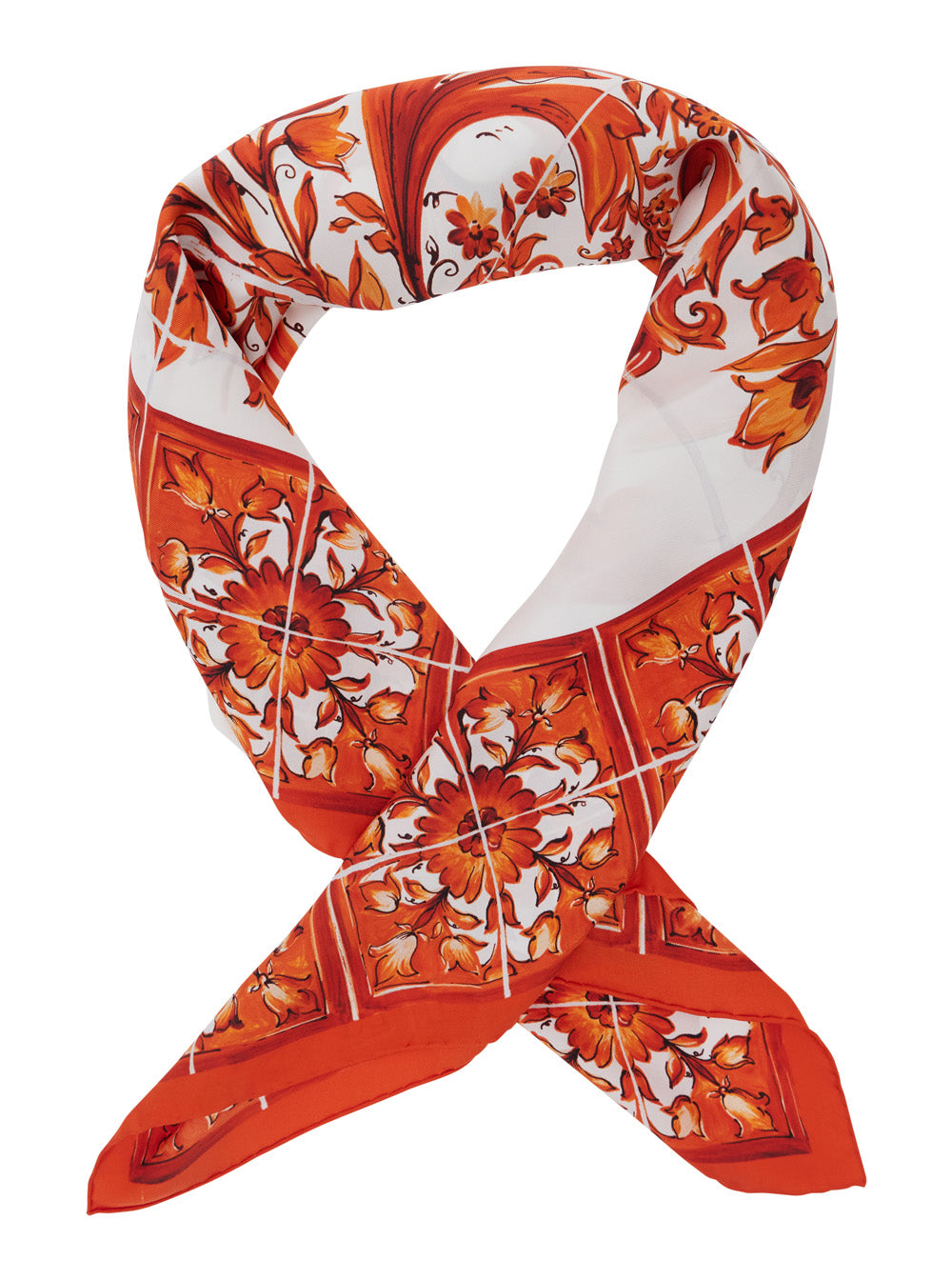 Dolce & Gabbana Women Orange Square Scarf With All-Over Majolica Print In Silk For Women DOLCE & GABBANA