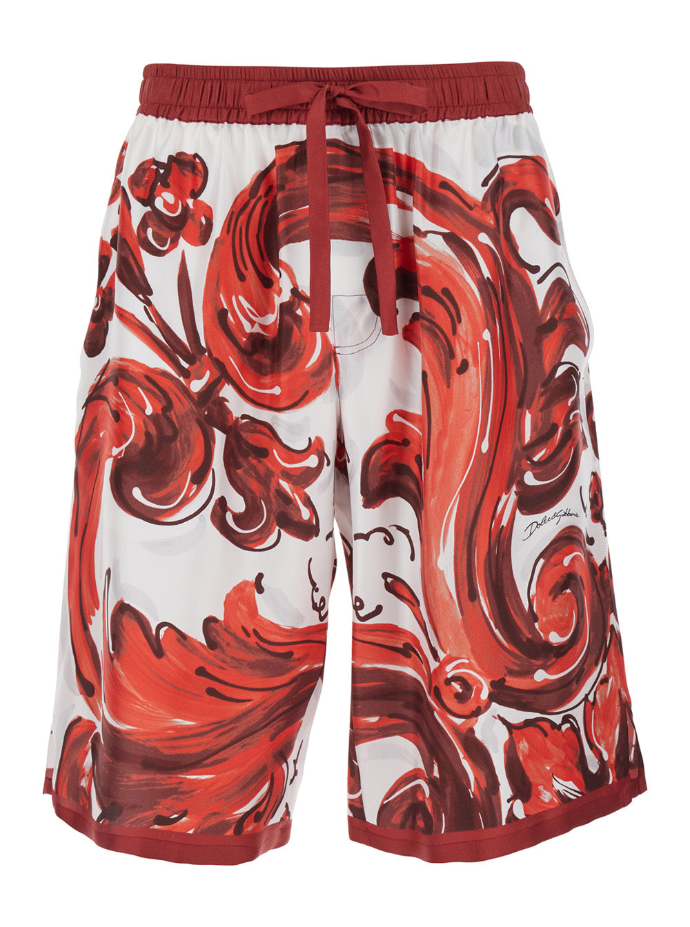 Dolce & Gabbana Men Bordeaux Bermuda Shorts With Elasticated Waist And Drawstring And All-Over Maiolica Print In Silk For Men DOLCE & GABBANA