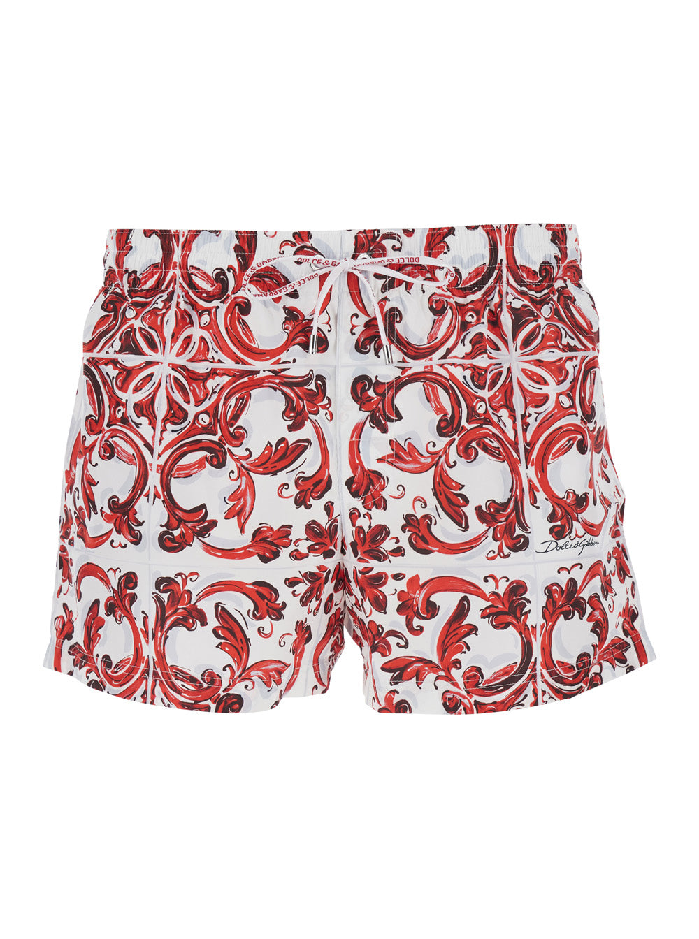 Dolce & Gabbana Men Bordeaux Swim Shorts With Elasticated Waist And Drawstring And All-Over Majolica Print In Tech Fabric For Men DOLCE & GABBANA