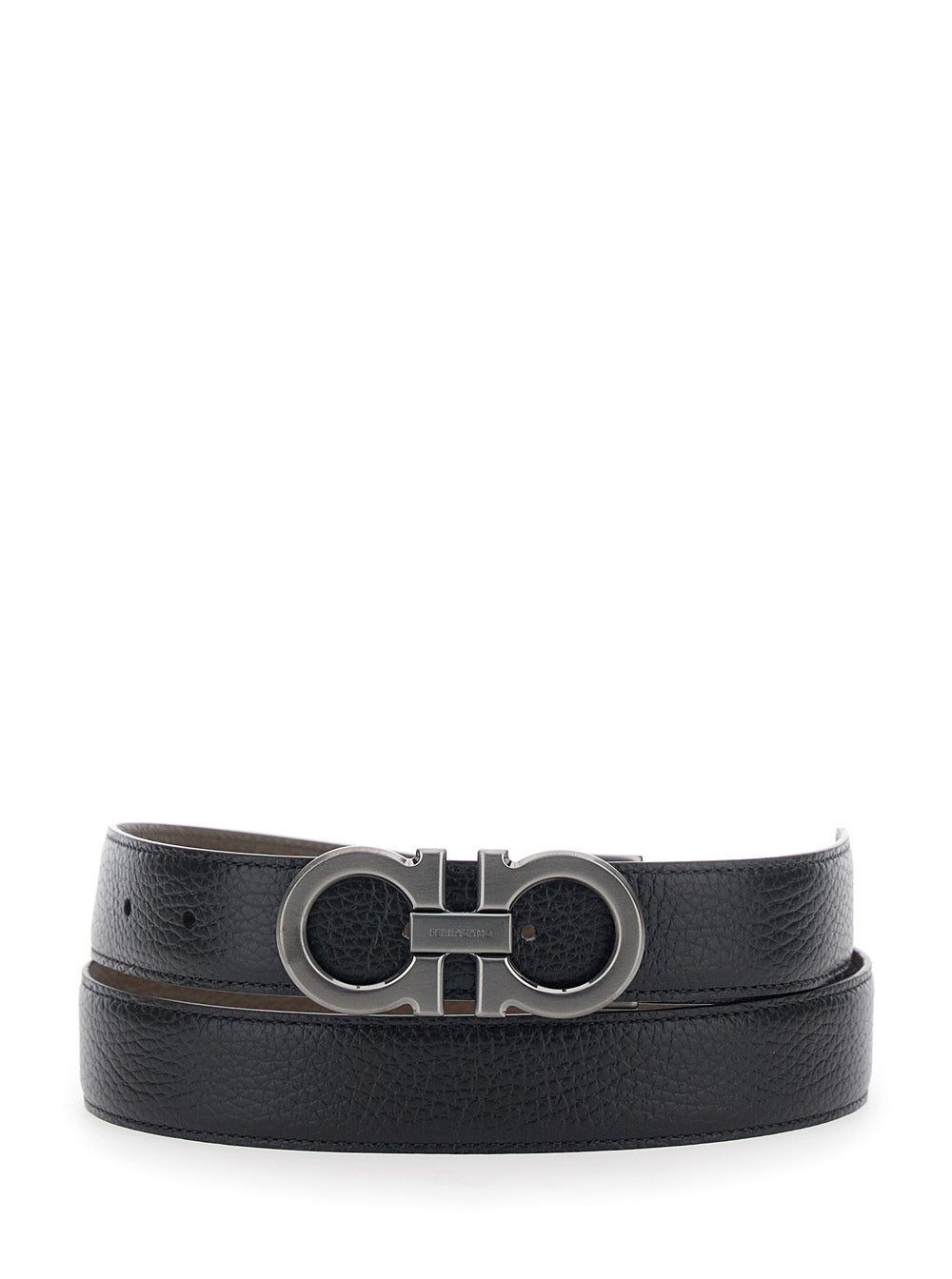 Ferragamo Men Reversible Belt With Gancini Buckle In Grained Black Leather For Men FERRAGAMO