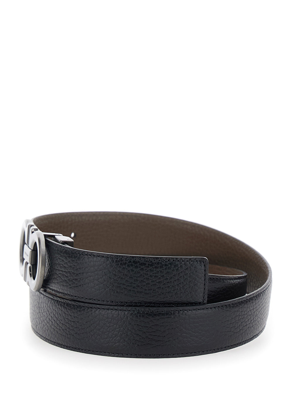Ferragamo Men Reversible Belt With Gancini Buckle In Grained Black Leather For Men FERRAGAMO