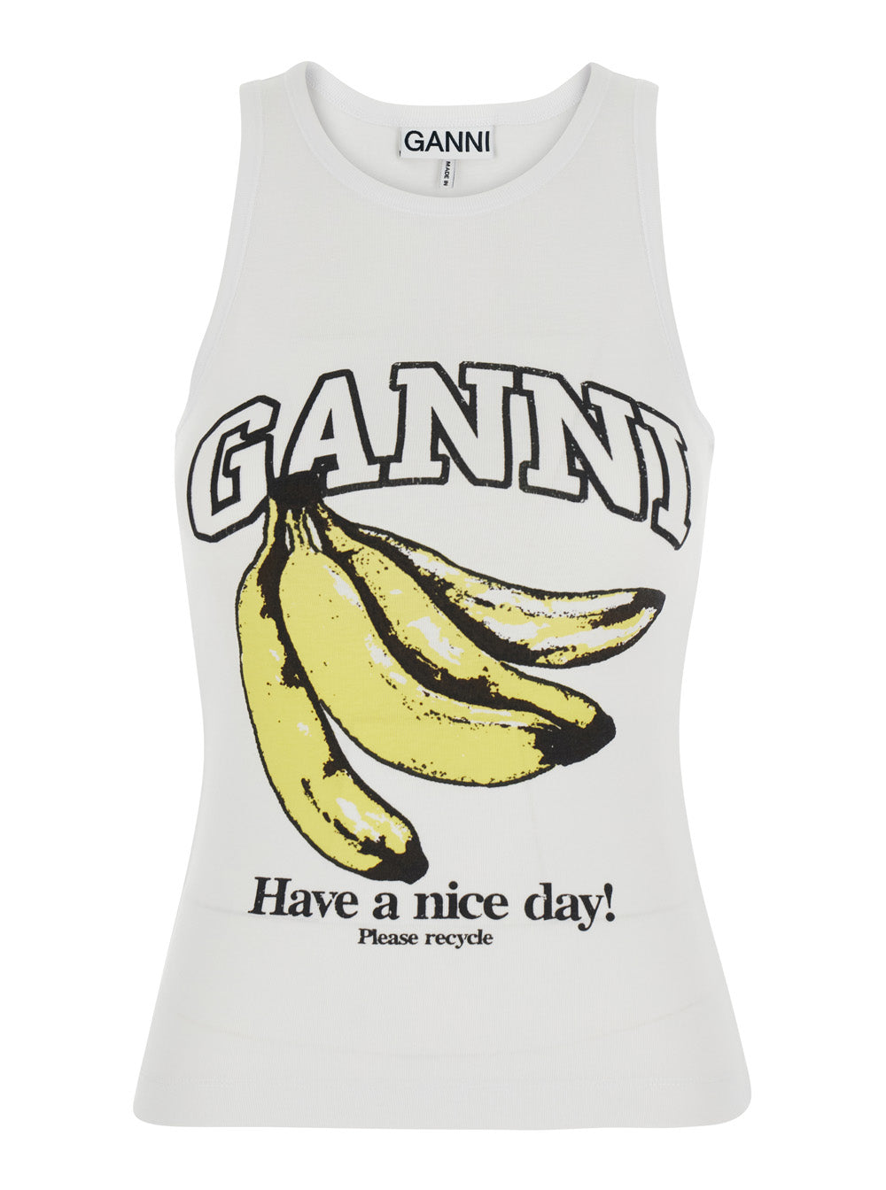 Ganni Women White Sleeveless Top With Logo Lettering Print And Bananas On The Front In Cotton For Women GANNI
