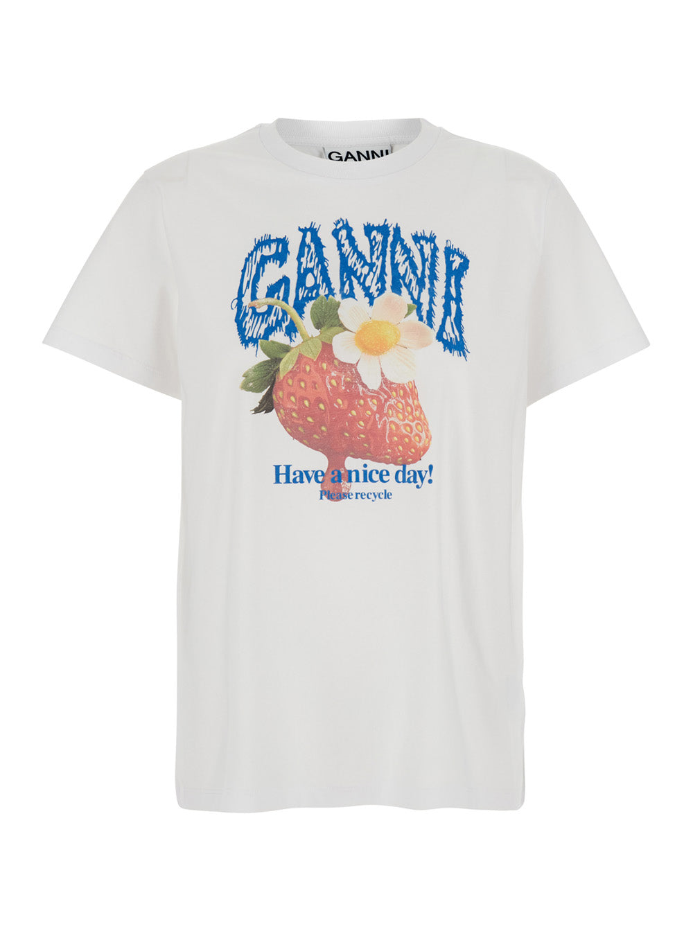 Ganni Women White Crew Neck T-Shirt With Large Logo Lettering Print And Strawberries On The Front In Cotton For Women GANNI