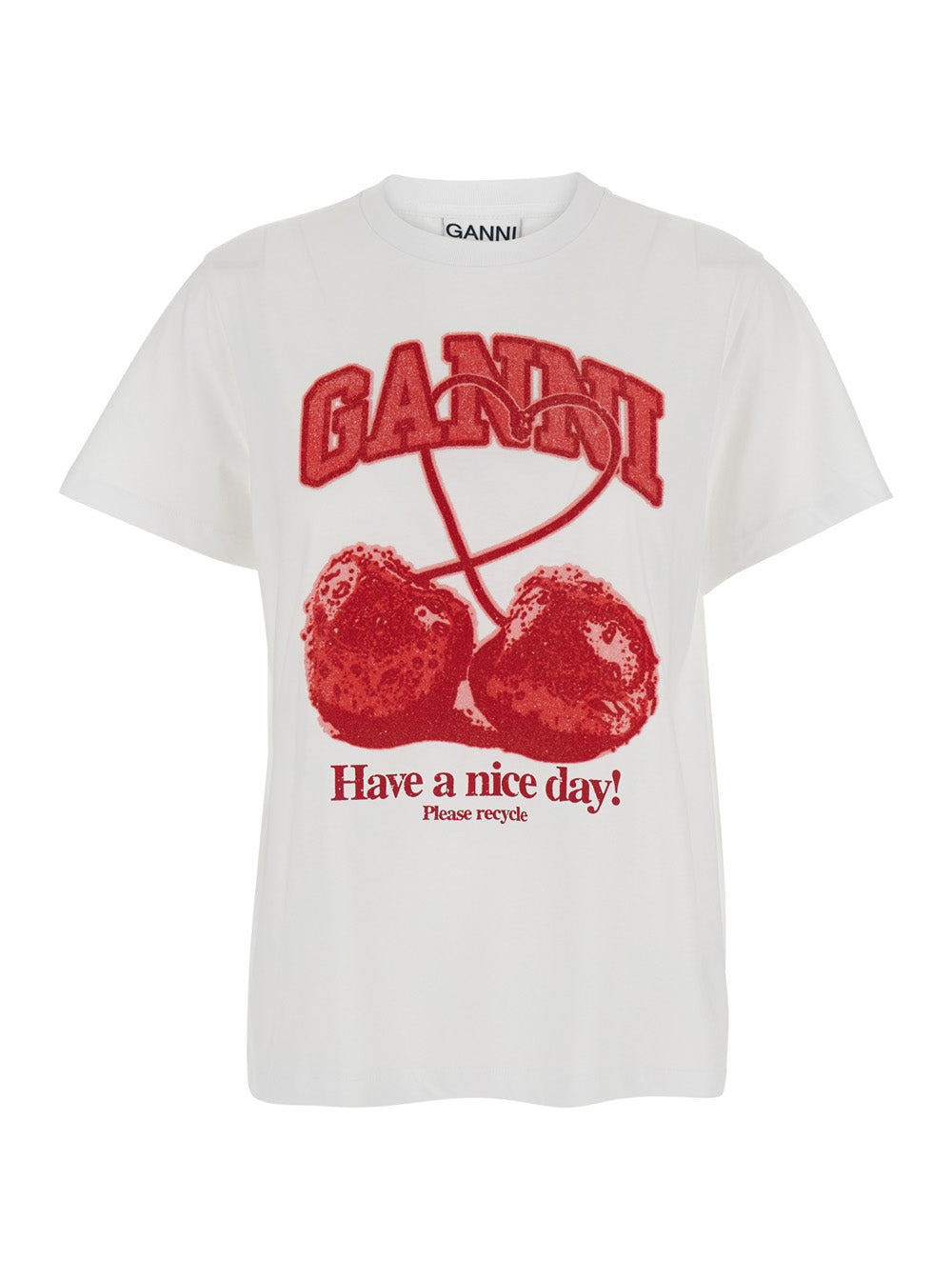 Ganni Women White Crew Neck T-Shirt With Large Logo Lettering And Cherries On The Front In Cotton For Women GANNI
