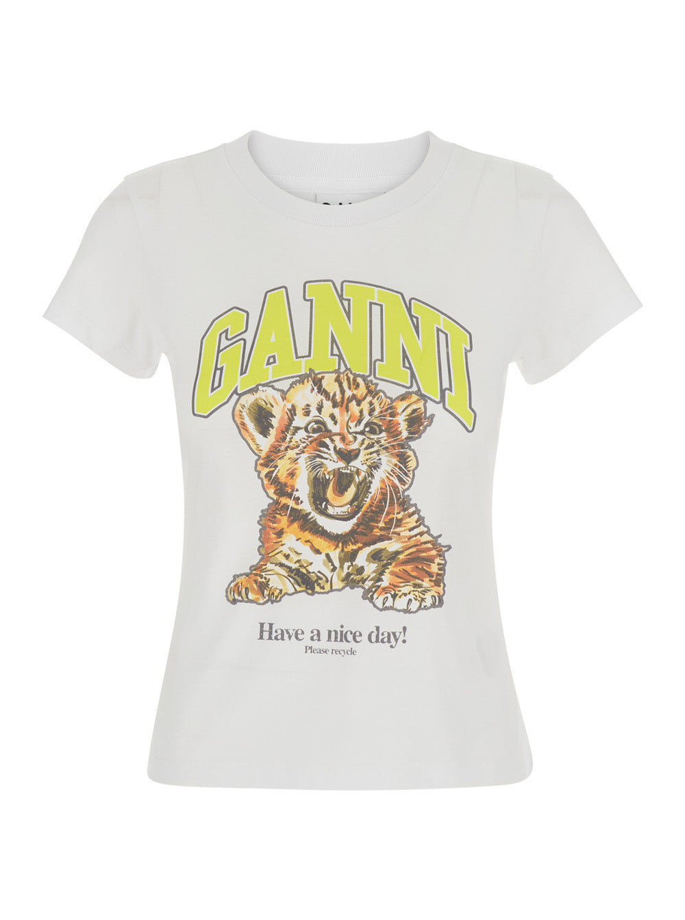 Ganni Women White Round Neck T-Shirt With Maxi Print On The Front In Cotton For Women GANNI