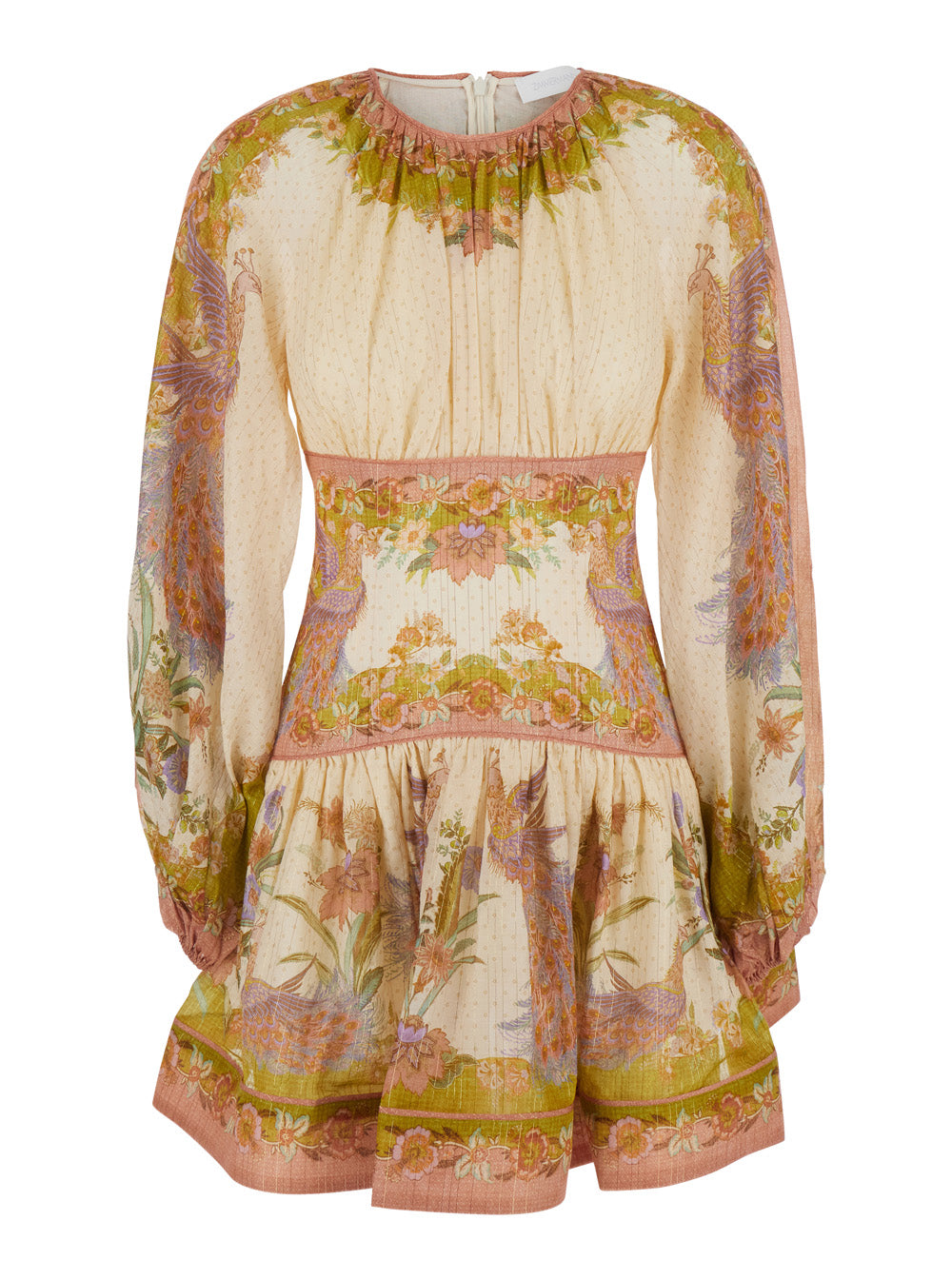 Zimmermann Women 'Indra' Multicolor Crew Neck Mini Dress With Balloon Sleeves And All-Over Motif In Cotton Blend For Women ZIMMERMANN