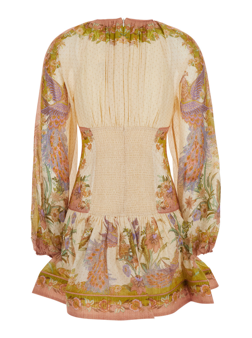 Zimmermann Women 'Indra' Multicolor Crew Neck Mini Dress With Balloon Sleeves And All-Over Motif In Cotton Blend For Women ZIMMERMANN