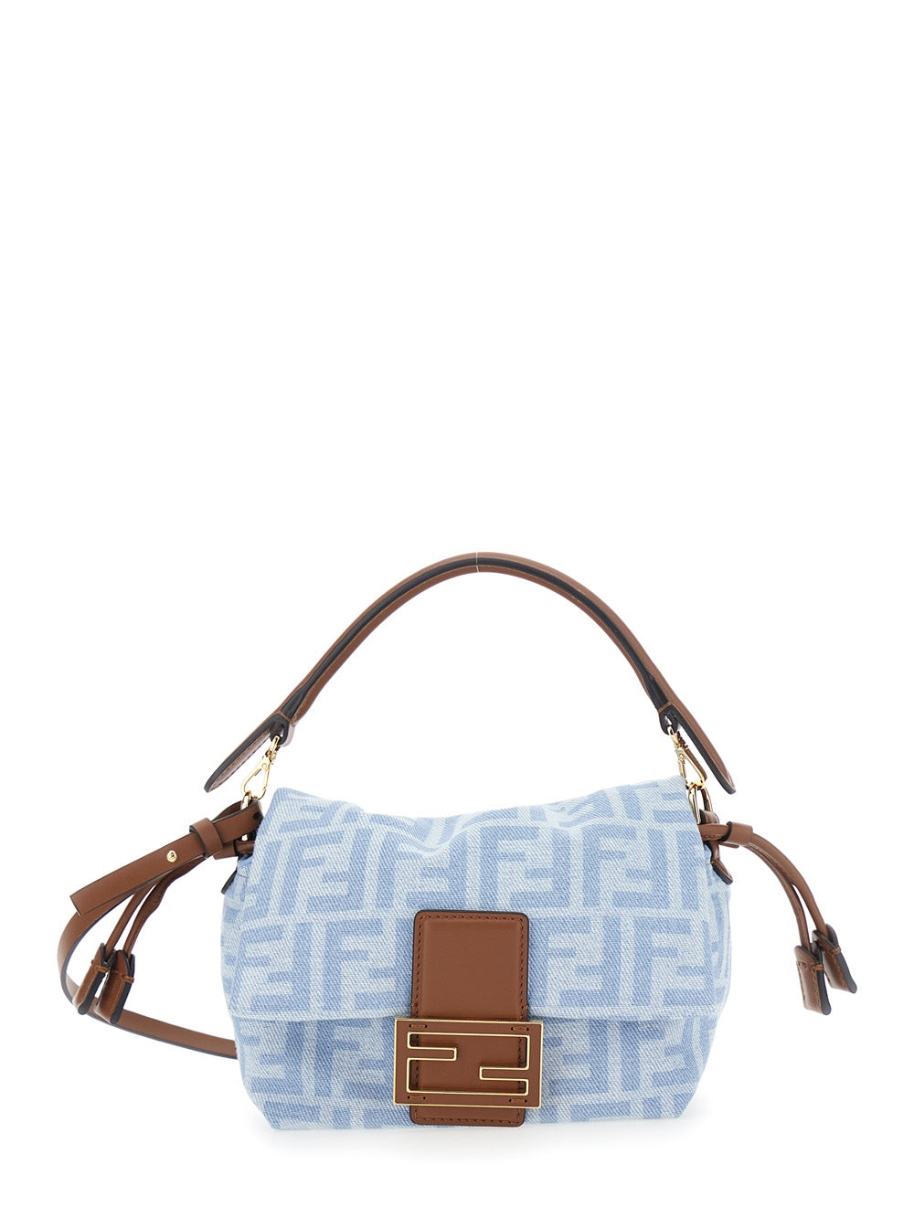 Fendi Women 'Mamma Baguette' Light Blue Shoulder Bag With Ff All Over Motif In Denim For Women FENDI