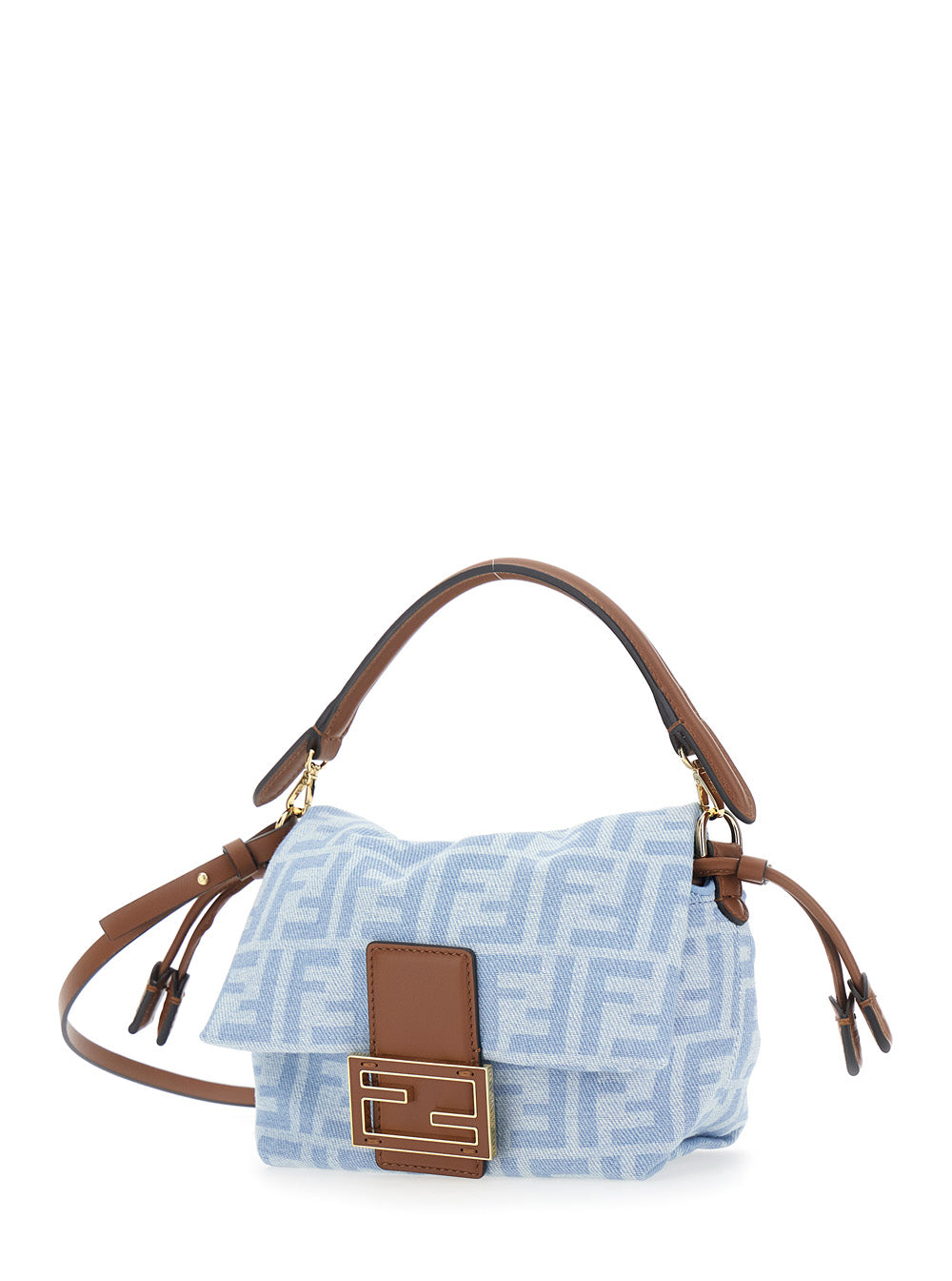 Fendi Women 'Mamma Baguette' Light Blue Shoulder Bag With Ff All Over Motif In Denim For Women FENDI