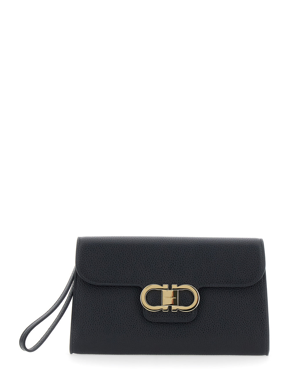 Ferragamo Women Black Clutch With Double Gancini Buckle On The Front In Grained Leather For Women FERRAGAMO