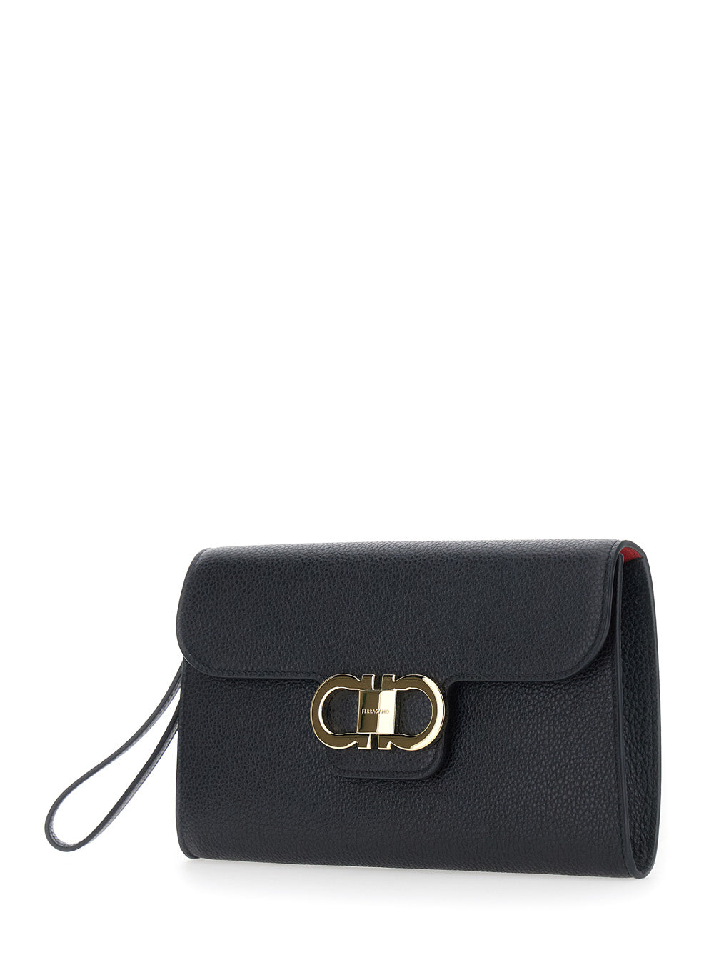 Ferragamo Women Black Clutch With Double Gancini Buckle On The Front In Grained Leather For Women FERRAGAMO