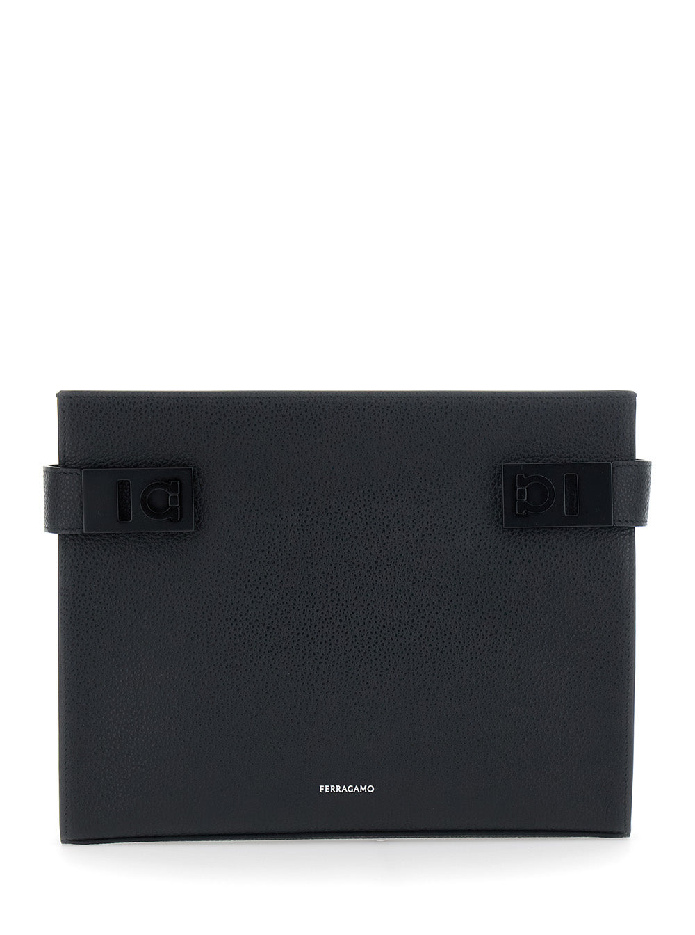 Ferragamo Men Black Clutch With Hug Side Buckles And Logo In Leather For Men FERRAGAMO