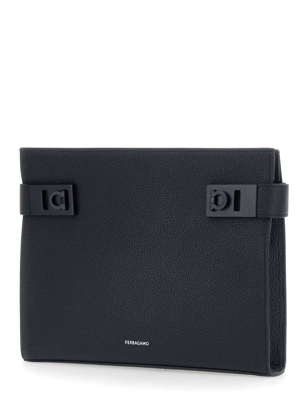 Ferragamo Men Black Clutch With Hug Side Buckles And Logo In Leather For Men FERRAGAMO