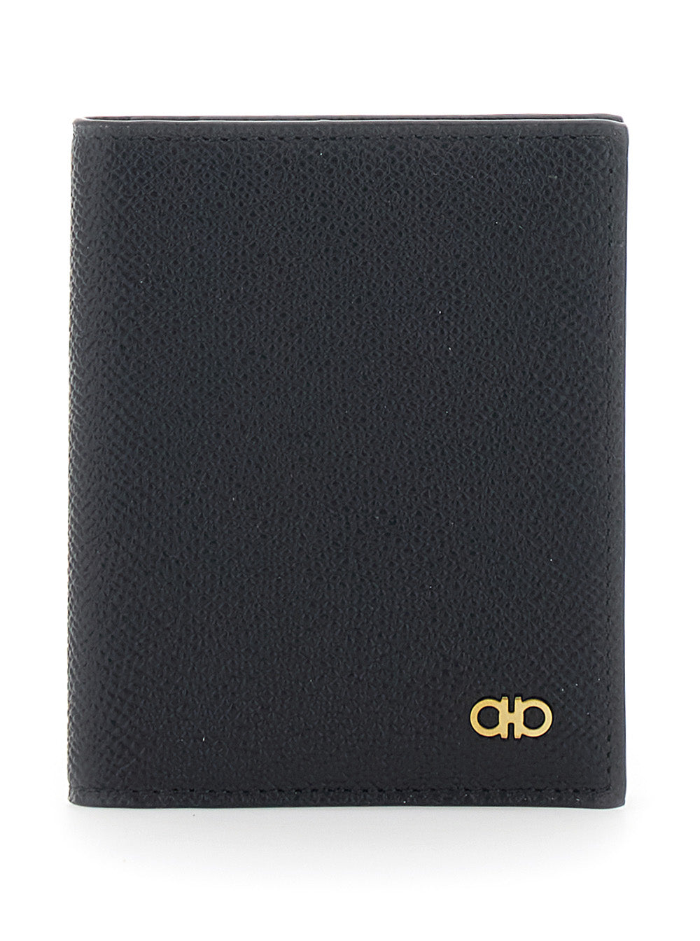 Ferragamo Men 'Micro Gancini' Black Card Holder Bi-Fold With Logo In Grained Leather Men FERRAGAMO
