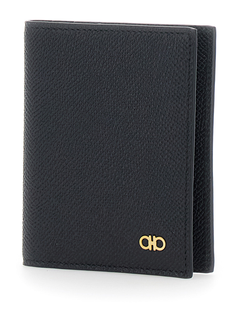 Ferragamo Men 'Micro Gancini' Black Card Holder Bi-Fold With Logo In Grained Leather Men FERRAGAMO