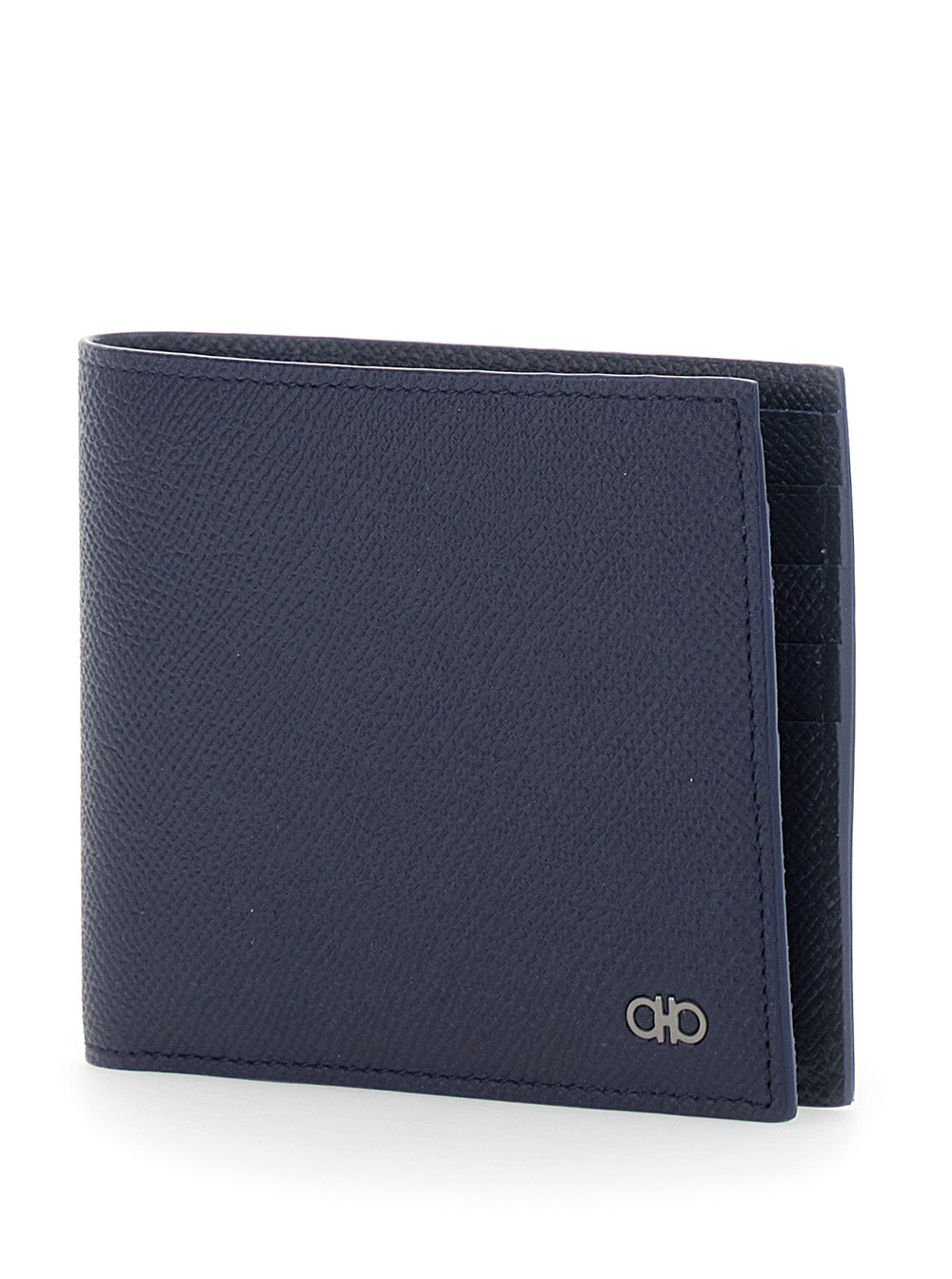 Ferragamo Men 'Micro Gancini' Blue Bi-Fold Wallet With Logo In Grained Leather Men FERRAGAMO