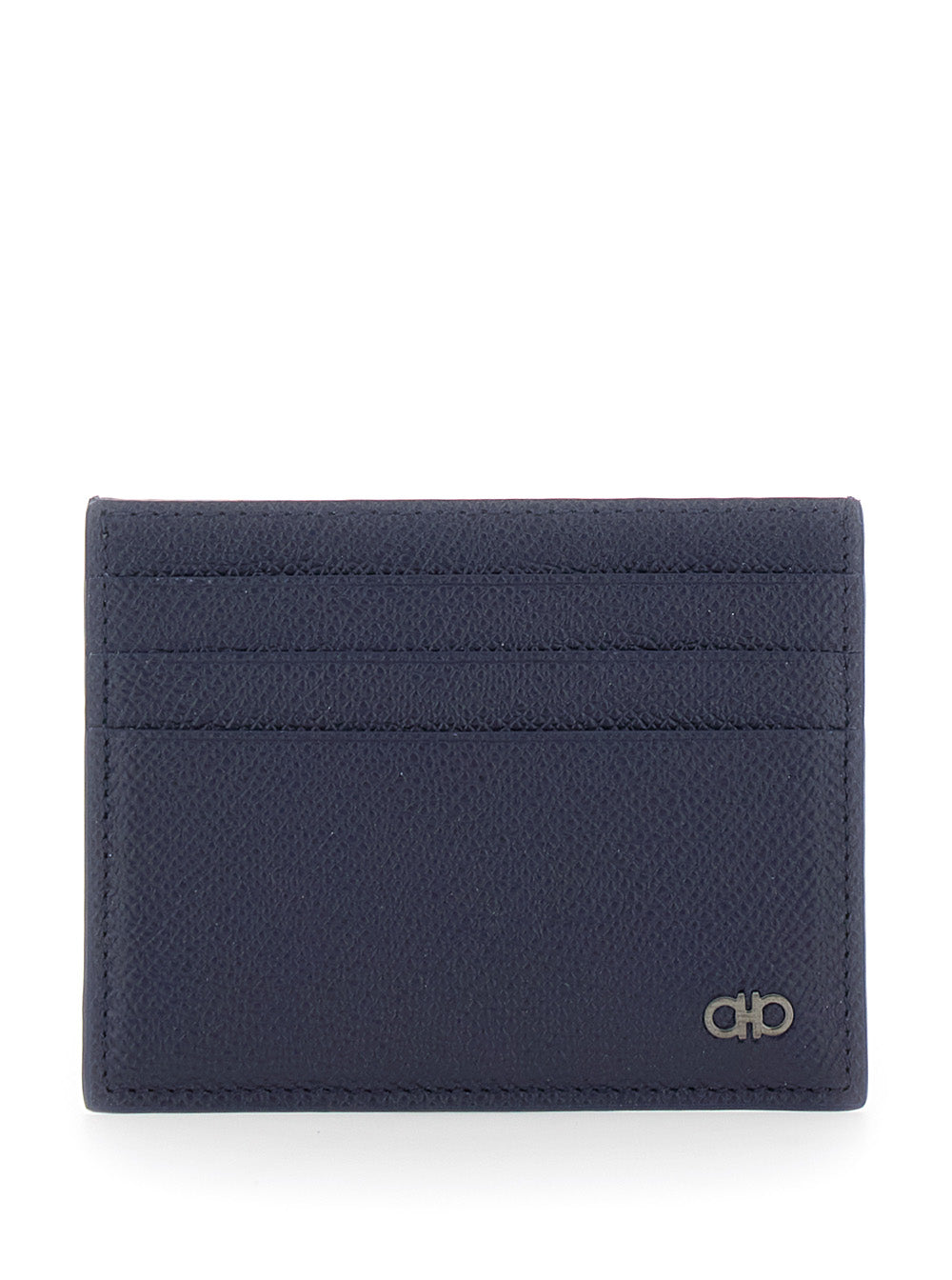 Ferragamo Men Blue Card Holder With Micro Gancini On The Front And Logo Lettering On The Back In Grained Leather For Men FERRAGAMO