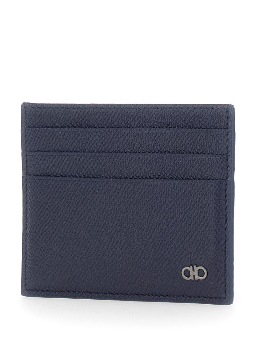 Ferragamo Men Blue Card Holder With Micro Gancini On The Front And Logo Lettering On The Back In Grained Leather For Men FERRAGAMO