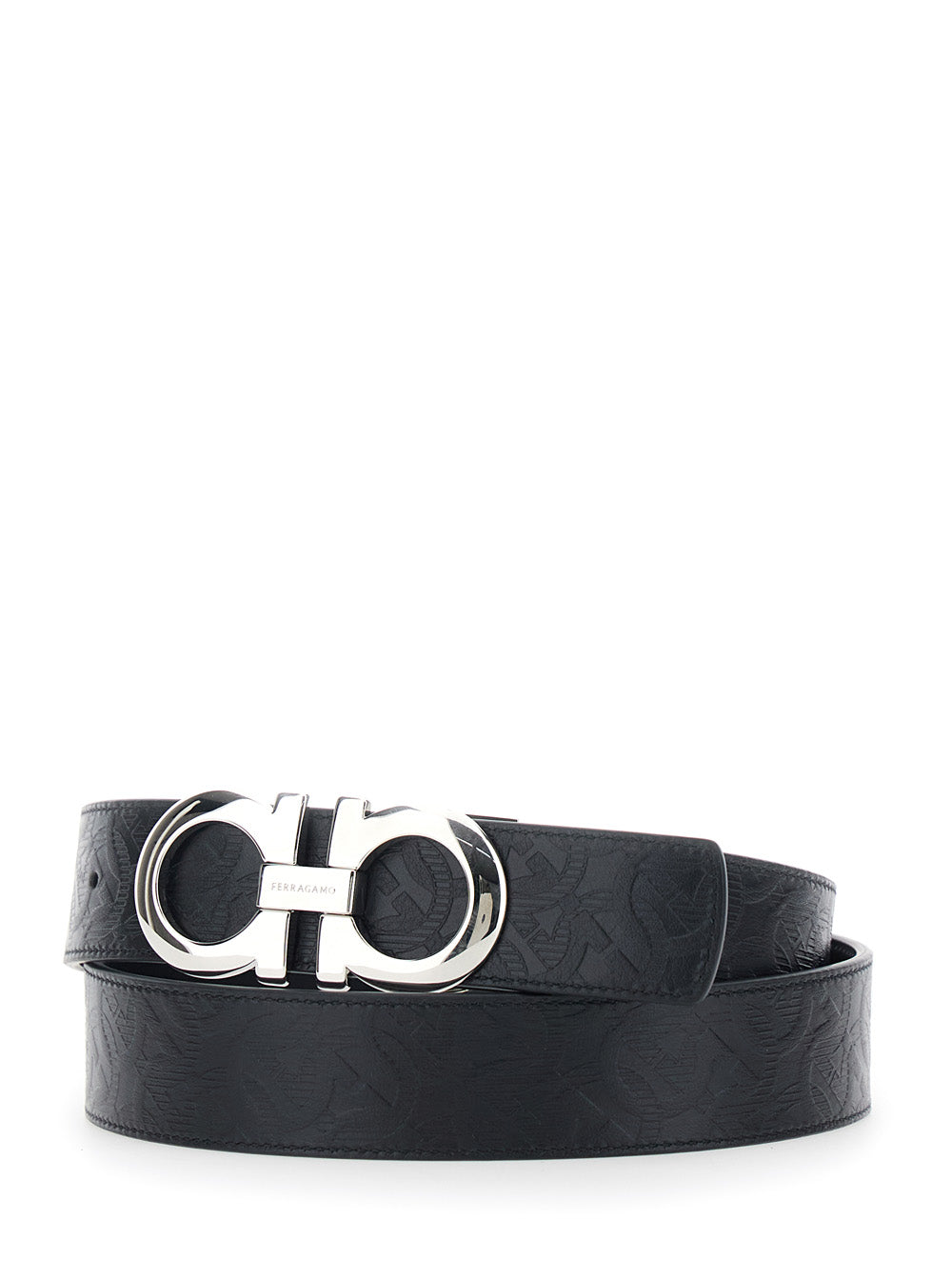 Ferragamo Men Black Reversible Belt With Gancini Buckle Closure In Grained Leather For Men FERRAGAMO